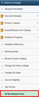 Example of the menu options after selecting Advising and Classes tile.  The CA Enrollment Form is at the bottom of the list. 